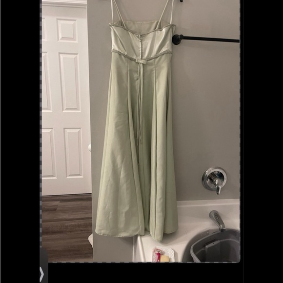 Sage green satin dress w/ beaded trim & spaghetti straps featuring zipper & bow - Picture 2 of 9